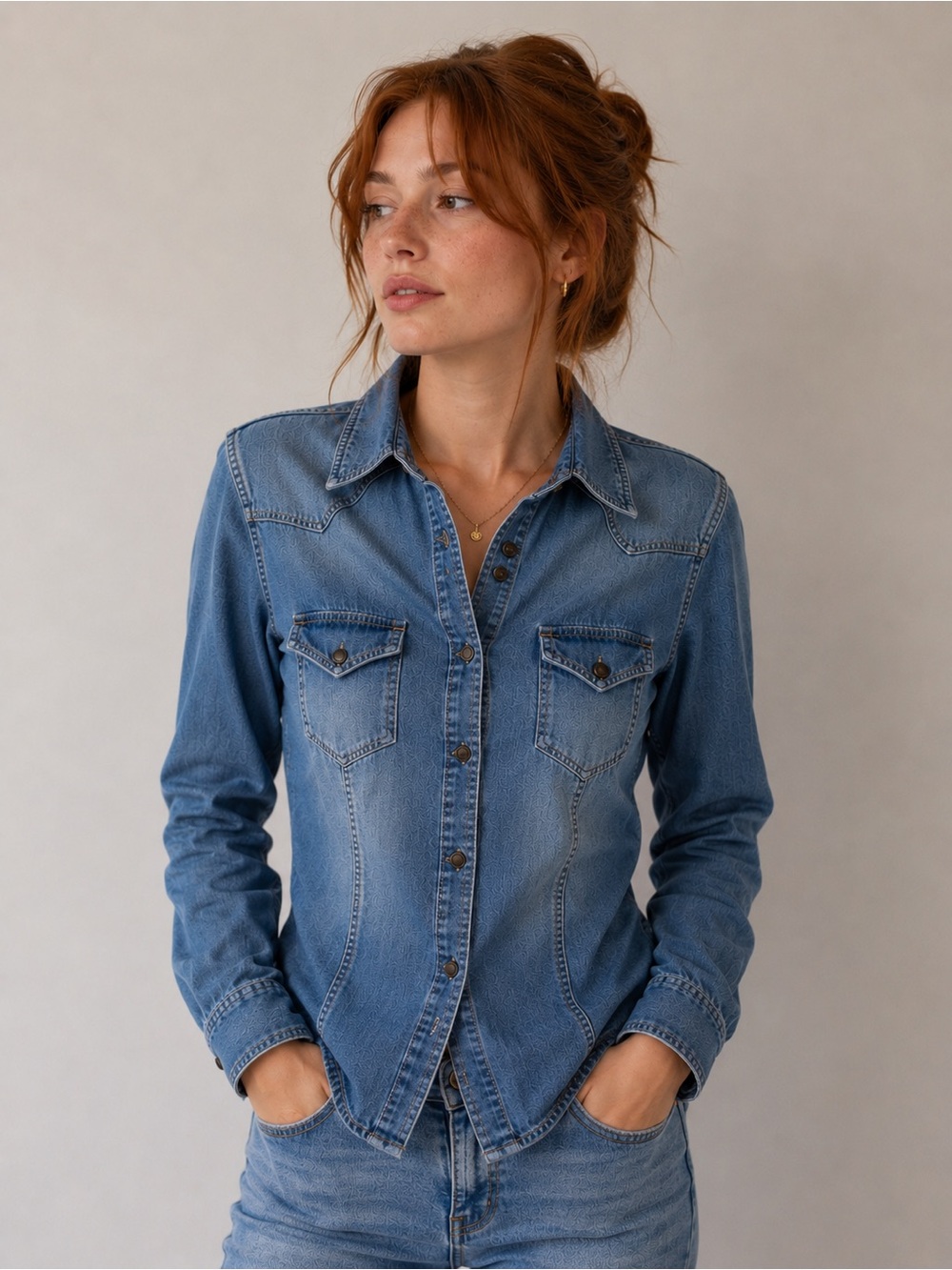 GUESS jeans snap button down shirt blue denim 100% cotton coastal cowgirl XXS